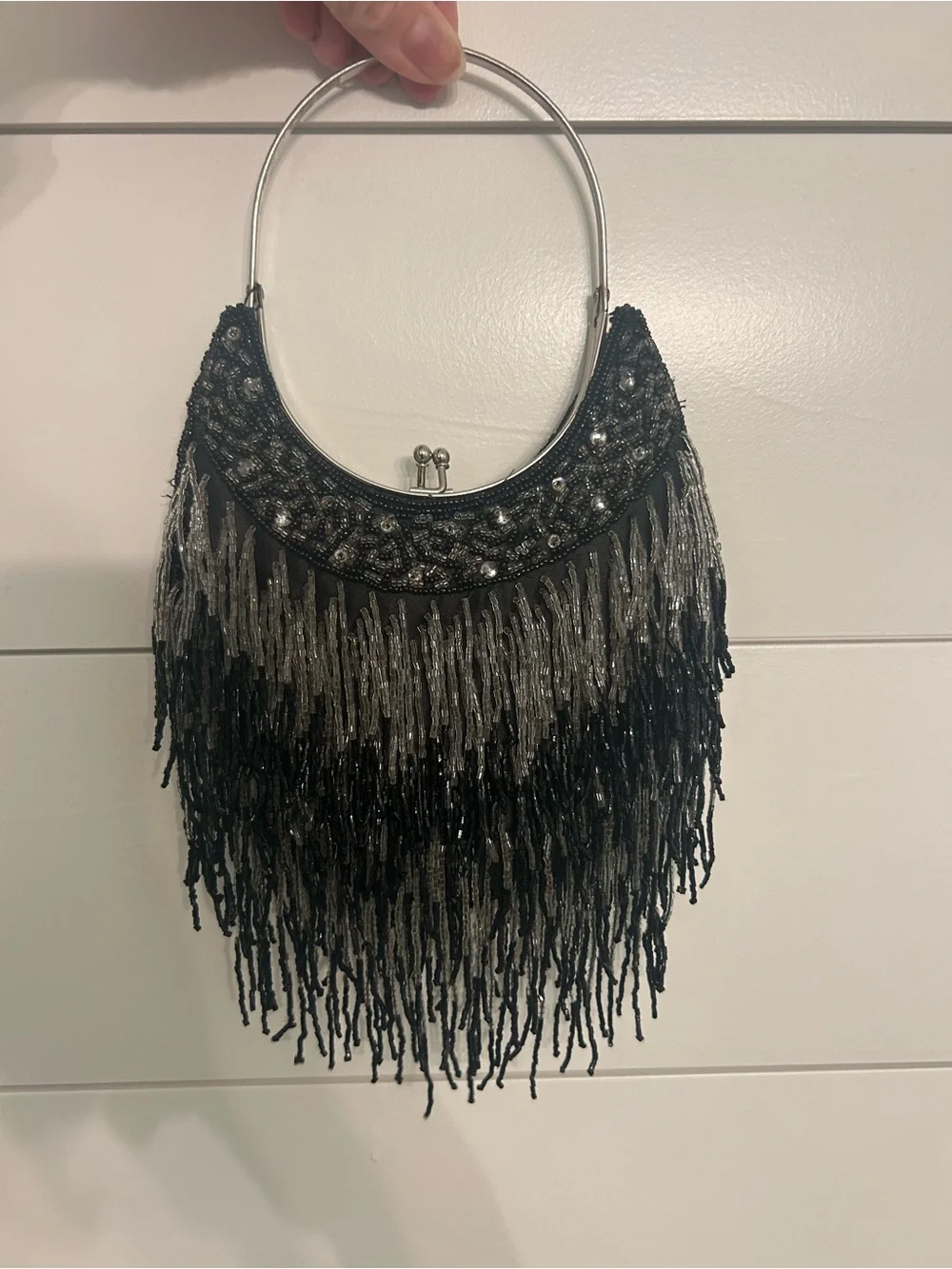 Vintage Style Beaded Fringe Evening Handbag - Black and Silver